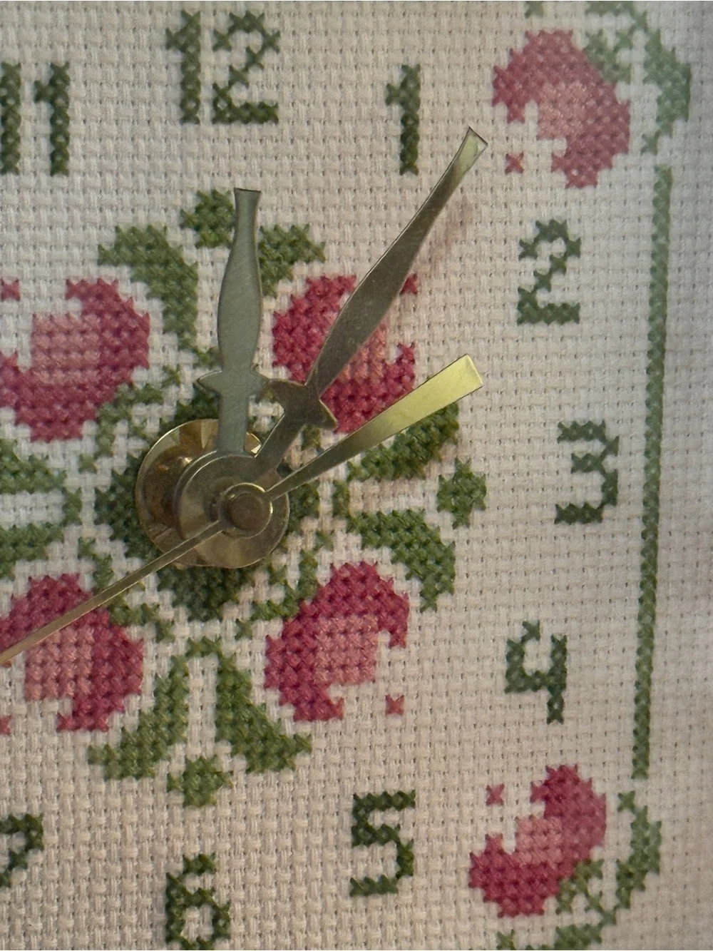 Vintage-Inspired Pink Floral Cross-Stitch Wall Clock, Framed
